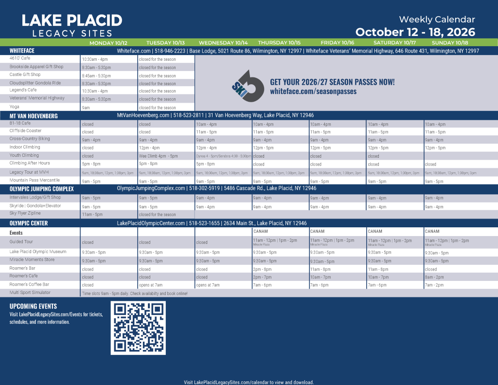 Weekly Calendar for Lake Placid Legacy Sites Activities October 12 - 18, 2026