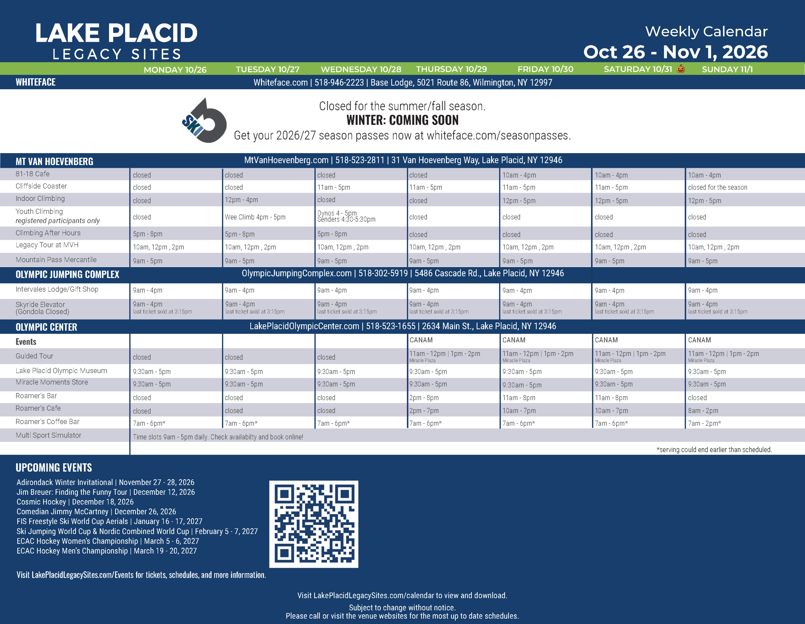 Lake Placid Legacy Sites Weekly Calendar for October 26 - November 1, 2026