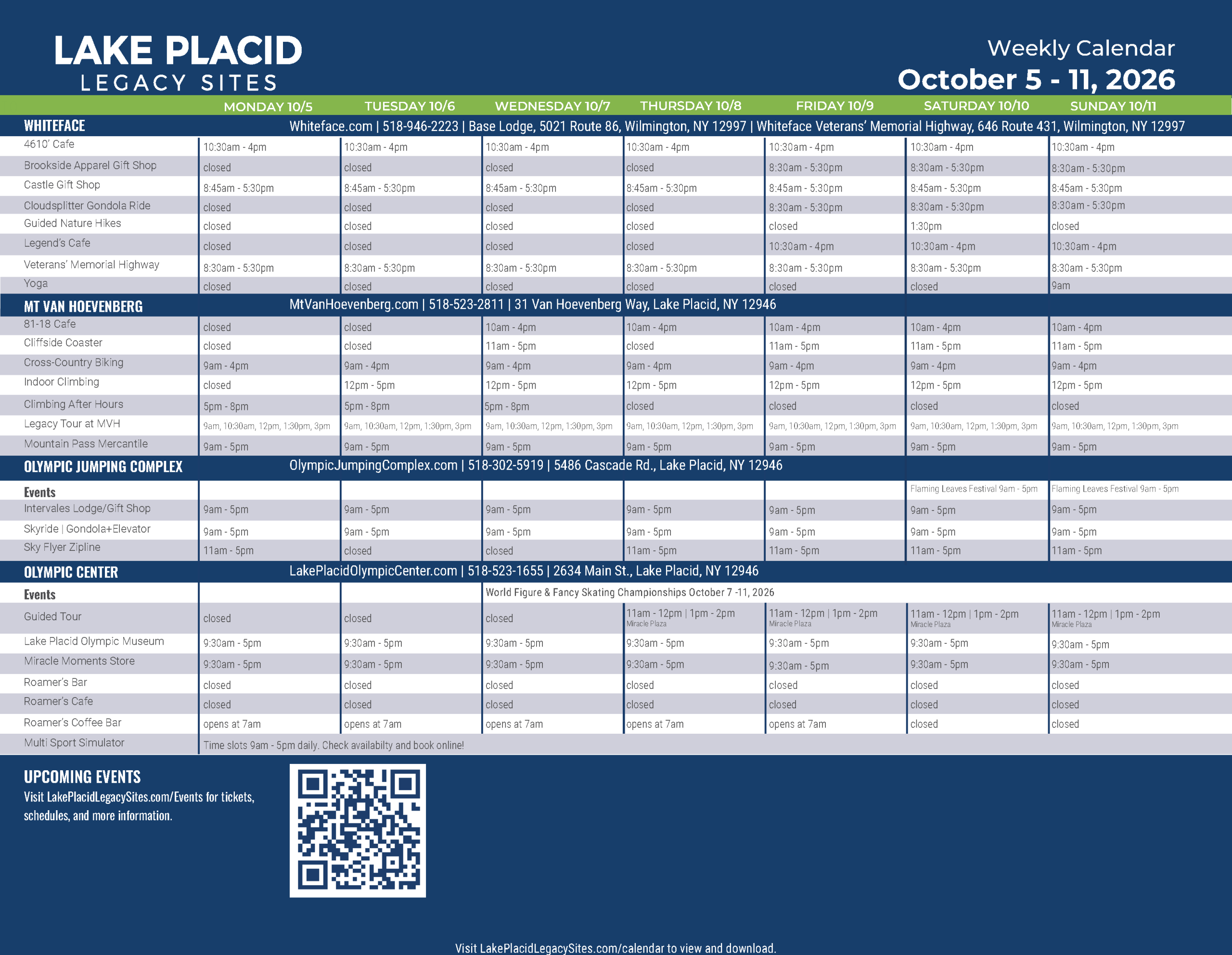 Lake Placid Legacy Sites Weekly calendar for October 5 - 11, 2026